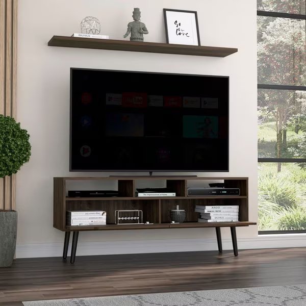 Oslo Tv Stand for TV's up 51 in. Two Drawers, Four Legs, Three Open Shelves, Dark Walnut, Tuhome, Mfr#: RLC6708